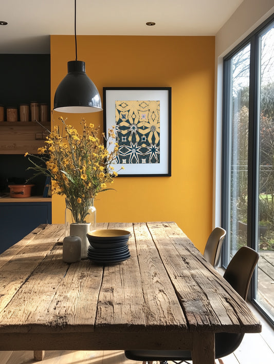 Dining room with wooden table, yellow wall, and framed artwork.