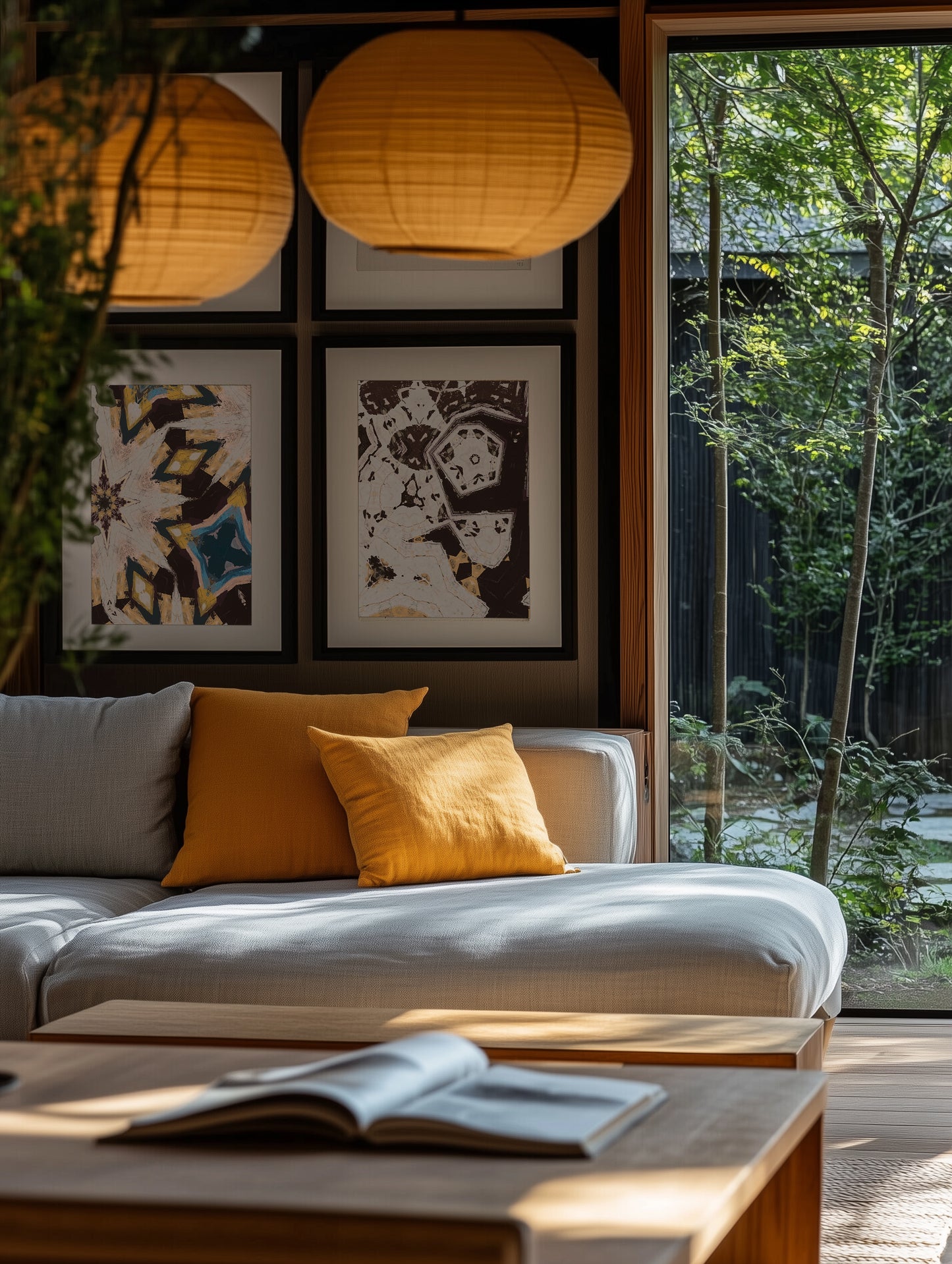 Living room with a couch, coffee table, and framed artwork.