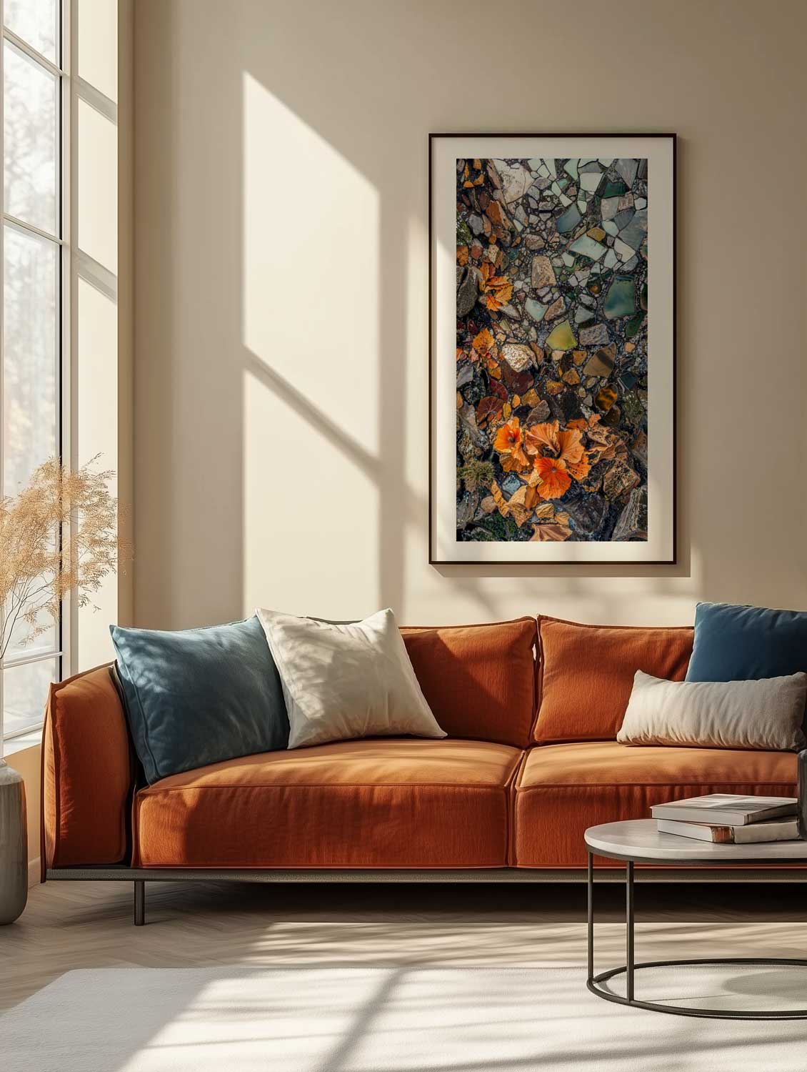 Modern living room with a brown sofa, colorful abstract painting, and coffee table.