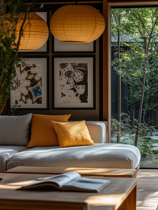 Living room with a couch, coffee table, and framed artwork.